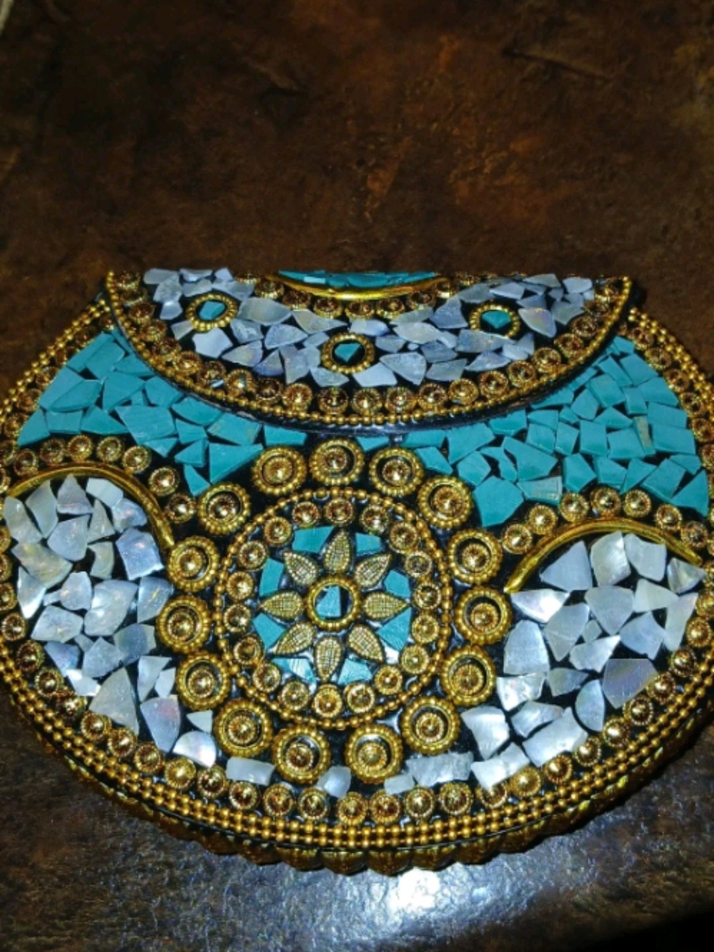 RAMLA Mosaic Clutch Handmade Blue and Gold Mosaic Pendant Clutch/Crossbody
